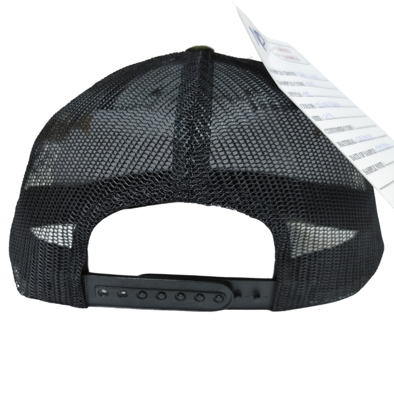 Olive Green Mesh Back Trucker Hat with Custom Woven Patch Logo R112 Style Adjustable Closure Cap OEM Vietnam Supplier L01 3