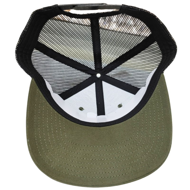 Olive Green Mesh Back Trucker Hat with Custom Woven Patch Logo R112 Style Adjustable Closure Cap OEM Vietnam Supplier L01 4