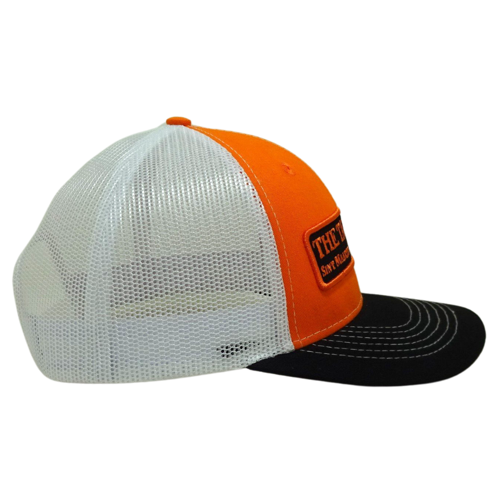 Orange Black Trucker Hat White Mesh Custom Woven Logo Contrast Stitching Thread Structured Single Breasted Buckle for Men Women 5