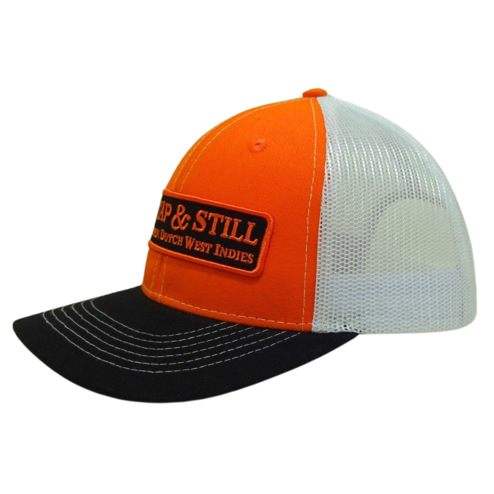 Orange Black Trucker Hat White Mesh Custom Woven Logo Contrast Stitching Thread Structured Single Breasted Buckle for Men Women 3