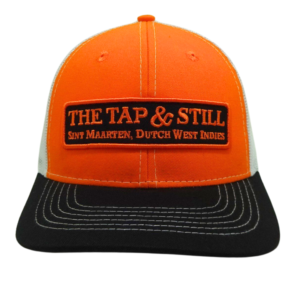 Orange Black Trucker Hat White Mesh Custom Woven Logo Contrast Stitching Thread Structured Single Breasted Buckle for Men Women 2