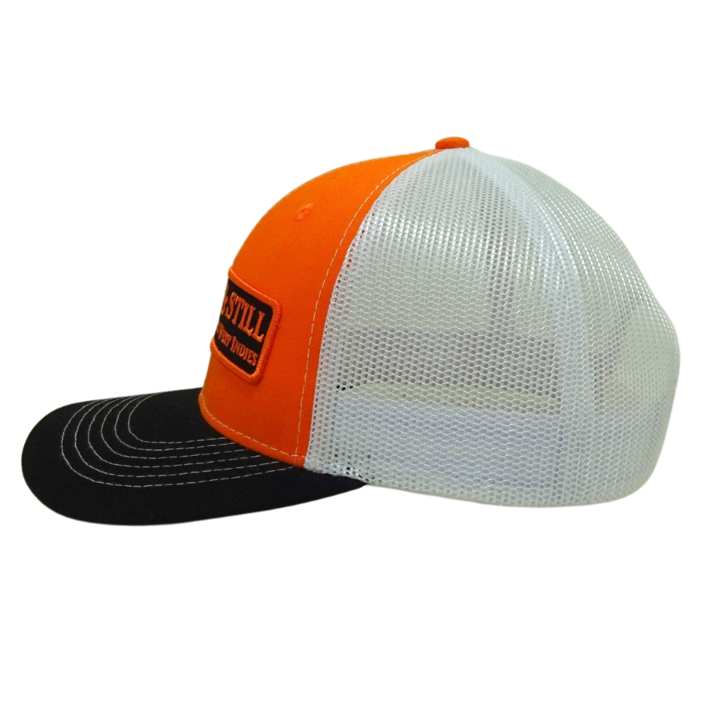 Orange Black Trucker Hat White Mesh Custom Woven Logo Contrast Stitching Thread Structured Single Breasted Buckle for Men Women 4