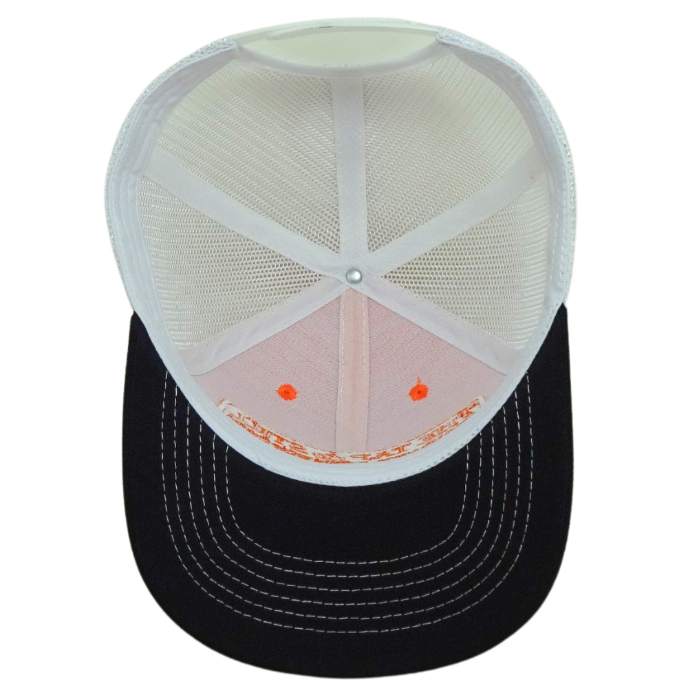 Orange Black Trucker Hat White Mesh Custom Woven Logo Contrast Stitching Thread Structured Single Breasted Buckle for Men Women 6