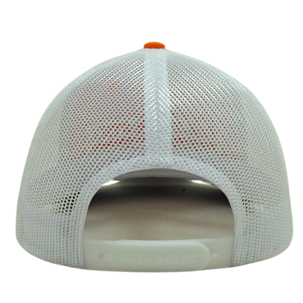 Orange Black Trucker Hat White Mesh Custom Woven Logo Contrast Stitching Thread Structured Single Breasted Buckle for Men Women 7