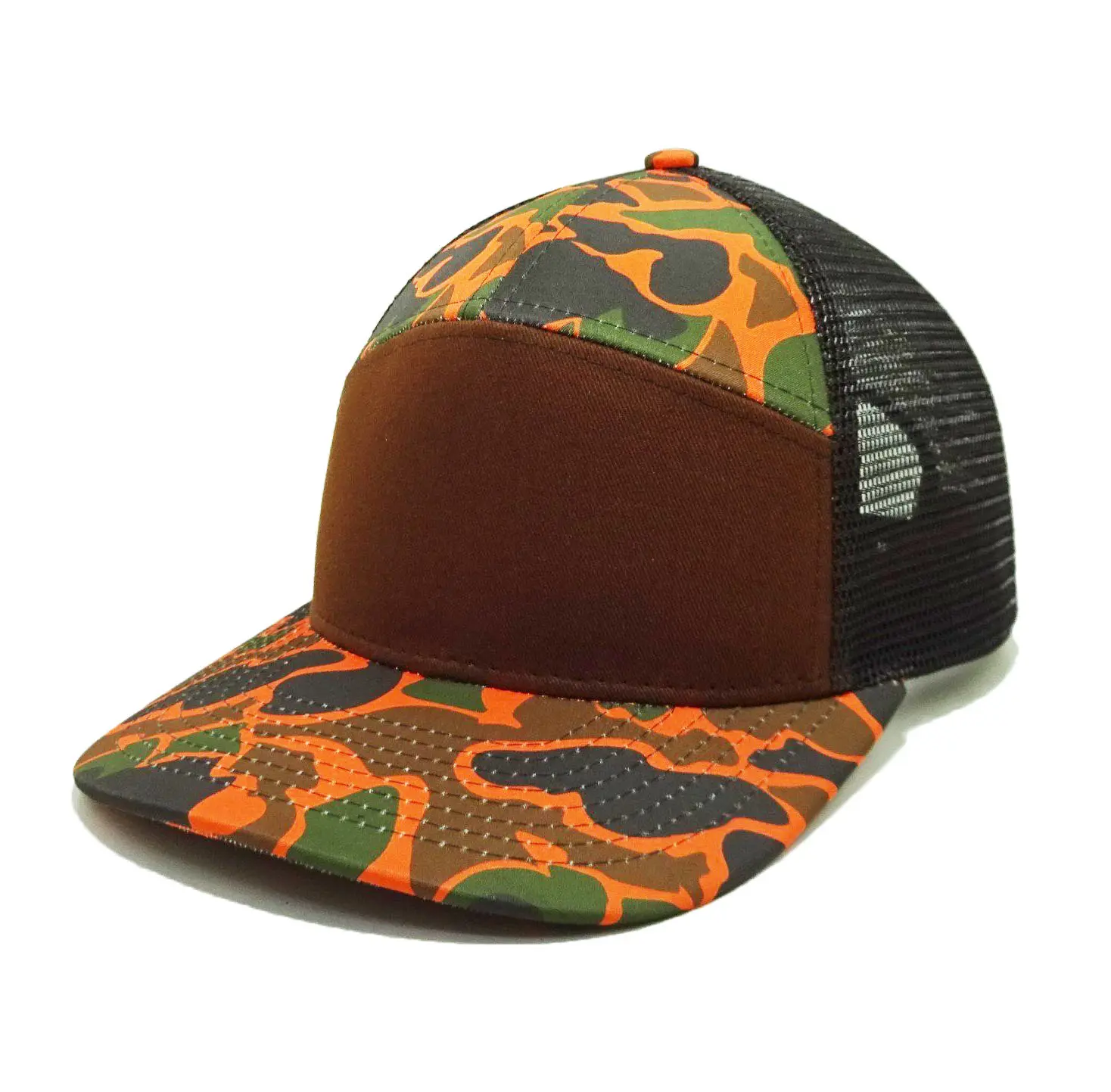Orange Camouflage Printed Design Custom LOGO 7 Panel Kid Trucker Hats in Vietnam with High Quality and Low MOQ 1