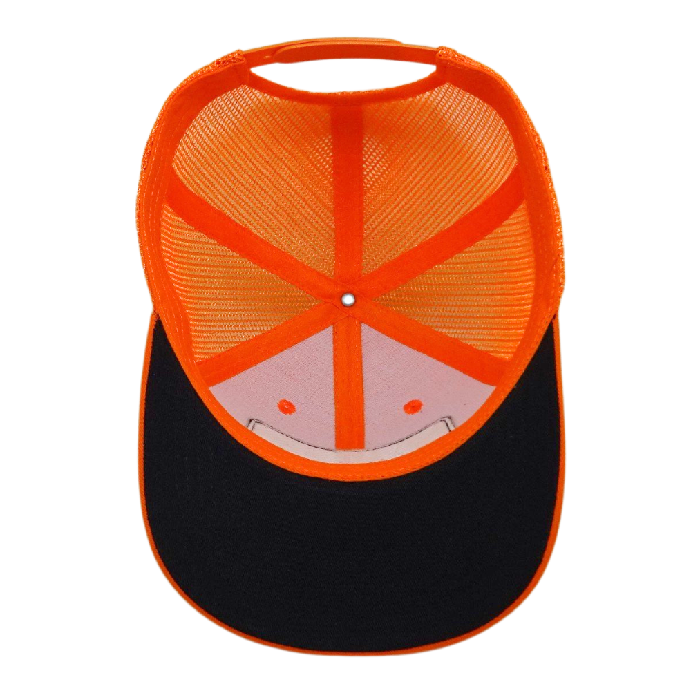 Orange Trucker Hat 6 Panel Structured Mix Black Under Brim Single Breasted Buckle Woven Patch Wholesale for Your Brand Promotion 6