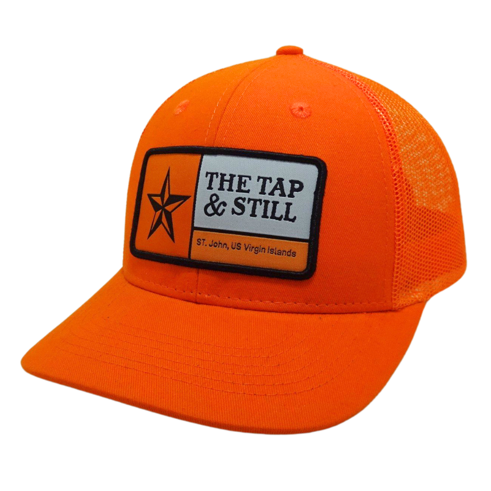 Orange Trucker Hat 6 Panel Structured Mix Black Under Brim Single Breasted Buckle Woven Patch Wholesale for Your Brand Promotion 3