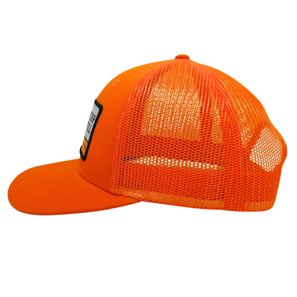 Orange Trucker Hat 6 Panel Structured Mix Black Under Brim Single Breasted Buckle Woven Patch Wholesale for Your Brand Promotion 4