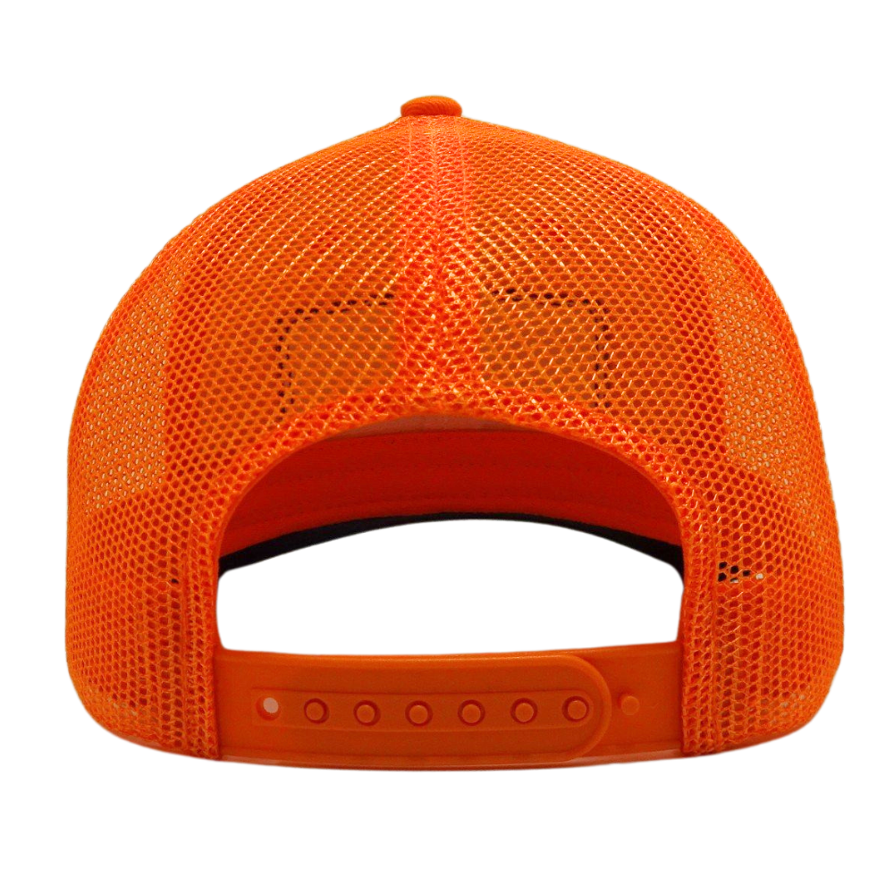 Orange Trucker Hat 6 Panel Structured Mix Black Under Brim Single Breasted Buckle Woven Patch Wholesale for Your Brand Promotion 7