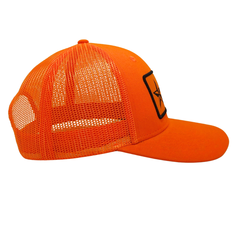 Orange Trucker Hat 6 Panel Structured Mix Black Under Brim Single Breasted Buckle Woven Patch Wholesale for Your Brand Promotion 5
