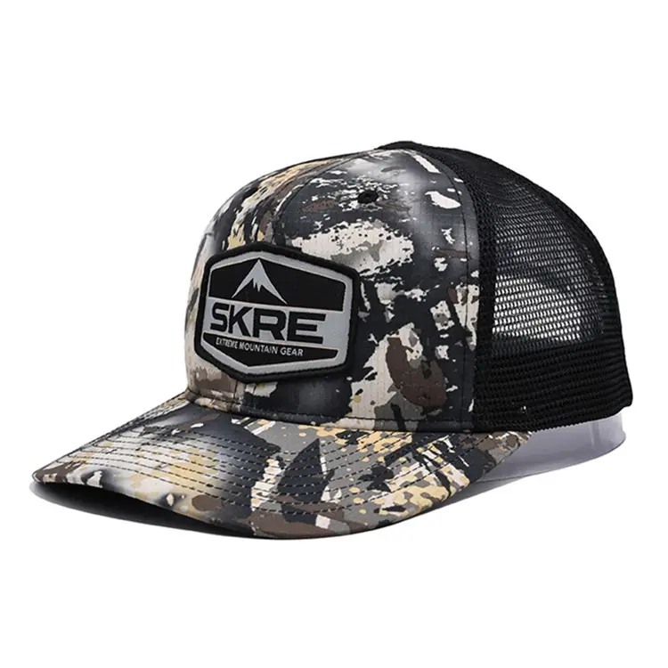 Outdoor Woven Patch Logo Adjustable 6-Panel Curved Brim High Quality Camouflage Medium Profile Mesh Back Hat Trucker Hat for Man