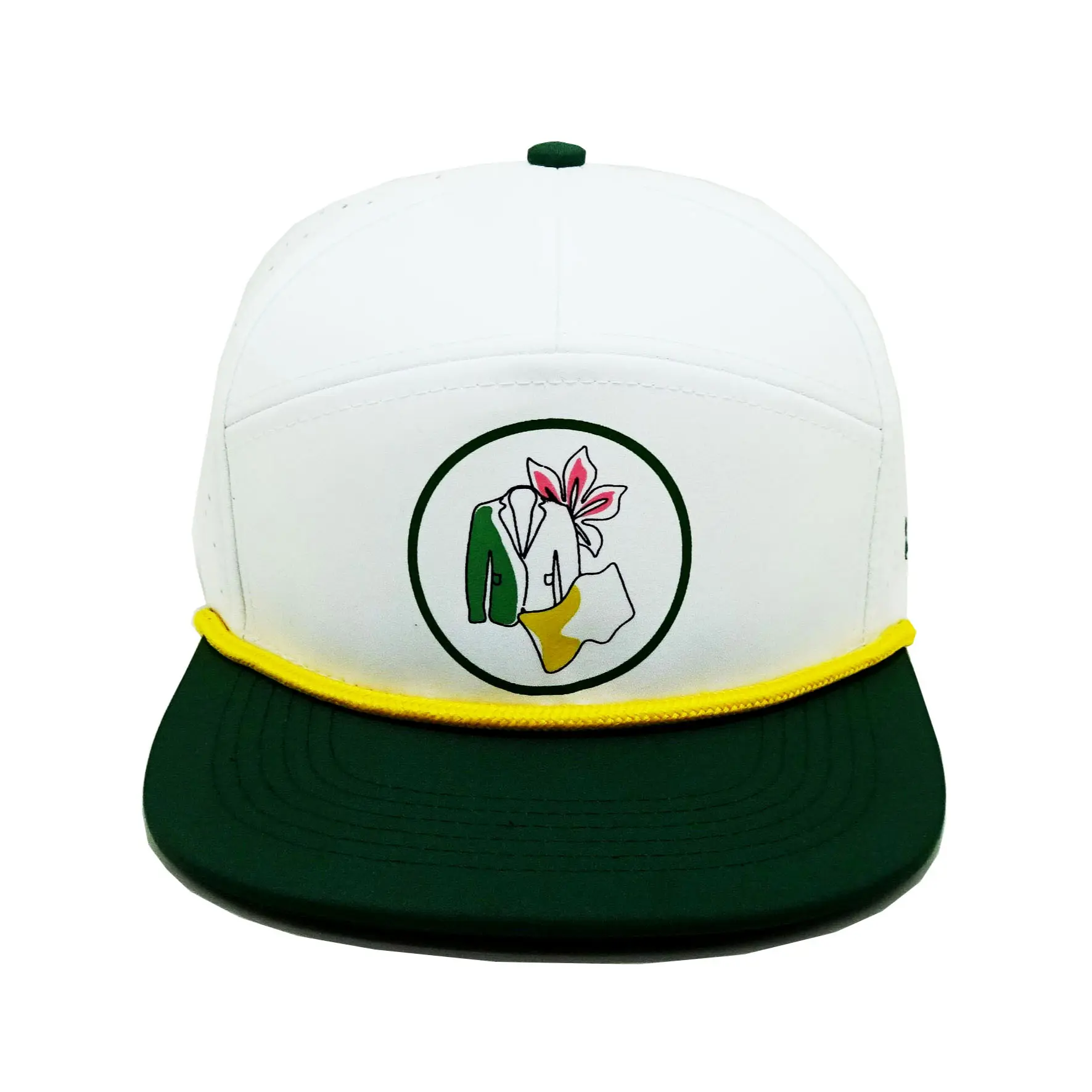 Performance Embroidered Baseball Hat Gorras Cusstomized Design Flat Bill 7 Panels Laser Cut Hole Snapback Caps with rope 1