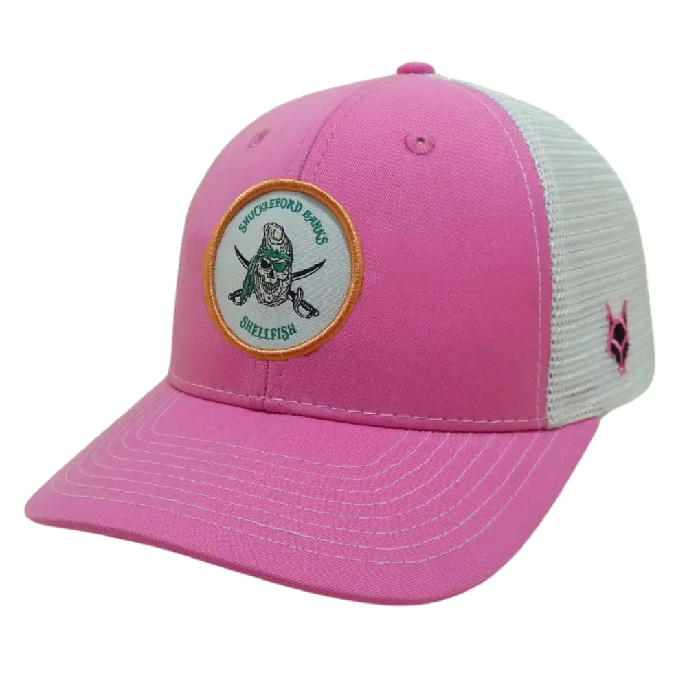 Pink Embroidered Trucker Hats 6 Panel Structured Caps Contrast Stitching Line on Brim Logo on Left Side Printed Inner Tapes OEM 3