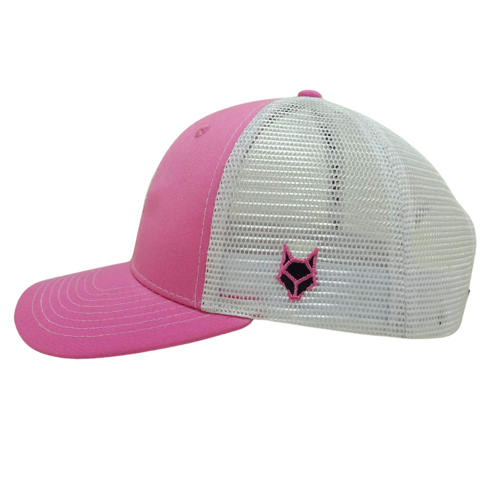 Pink Embroidered Trucker Hats 6 Panel Structured Caps Contrast Stitching Line on Brim Logo on Left Side Printed Inner Tapes OEM 4