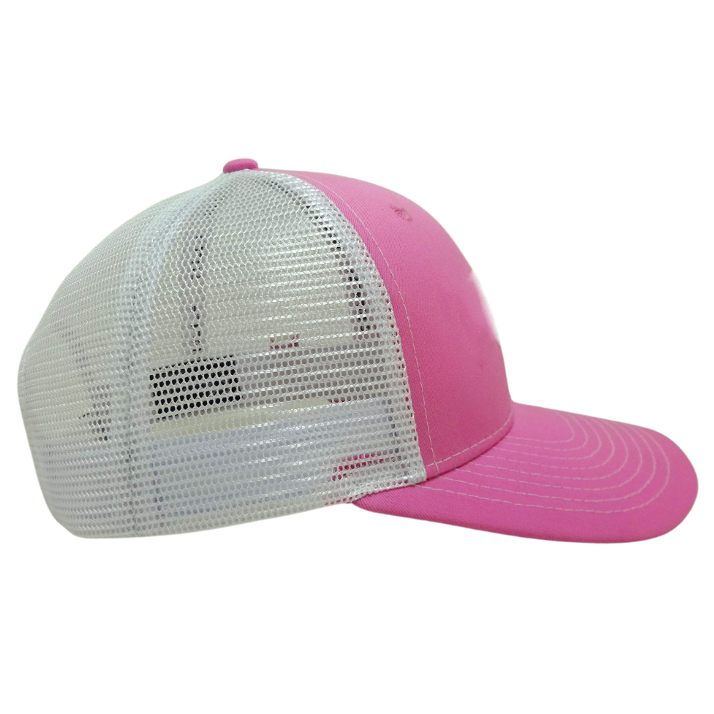 Pink Embroidered Trucker Hats 6 Panel Structured Caps Contrast Stitching Line on Brim Logo on Left Side Printed Inner Tapes OEM 5