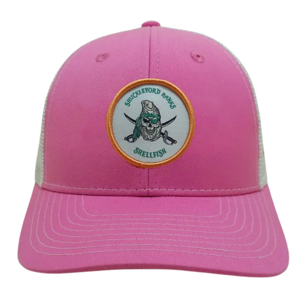 Pink Embroidered Trucker Hats 6 Panel Structured Caps Contrast Stitching Line on Brim Logo on Left Side Printed Inner Tapes OEM 2