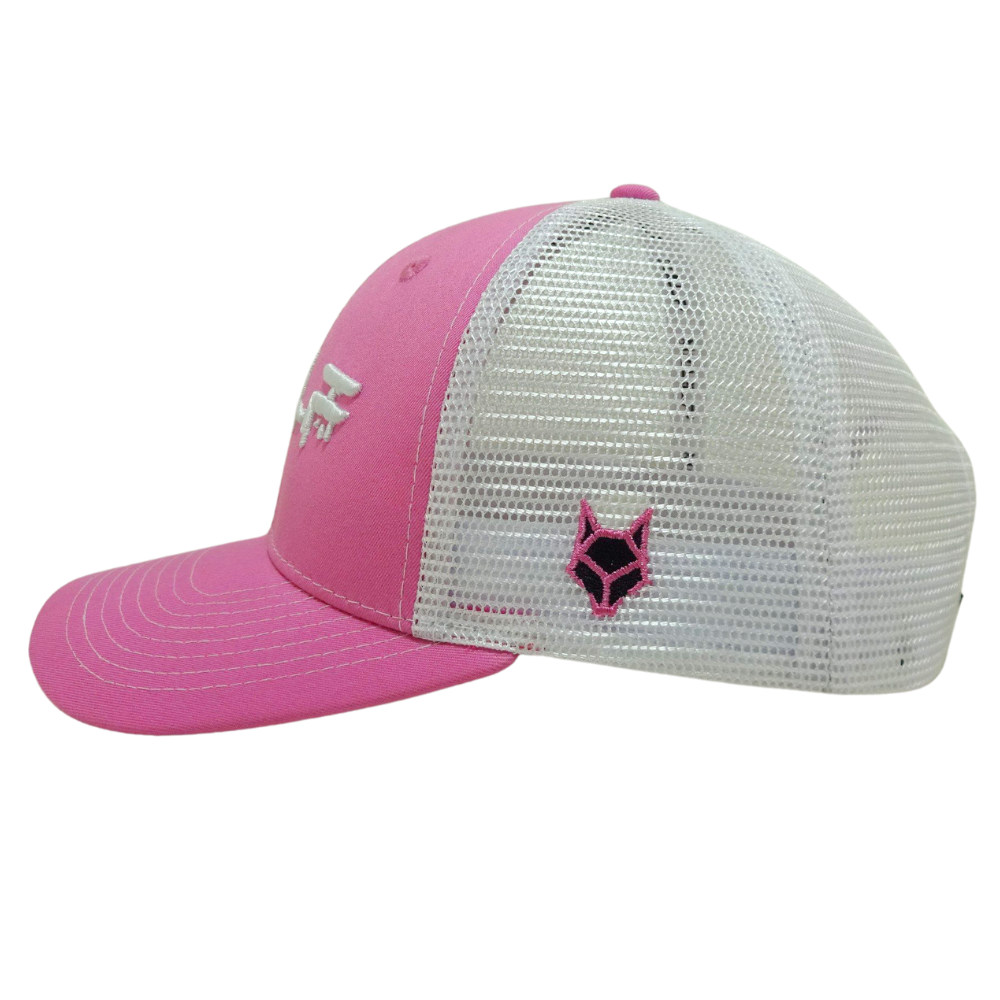 Pink Structured Trucker Hat 6 Panel 3D Embroidered and Rubber Logo White Mesh Slight Curved Custom Caps High Quality 4