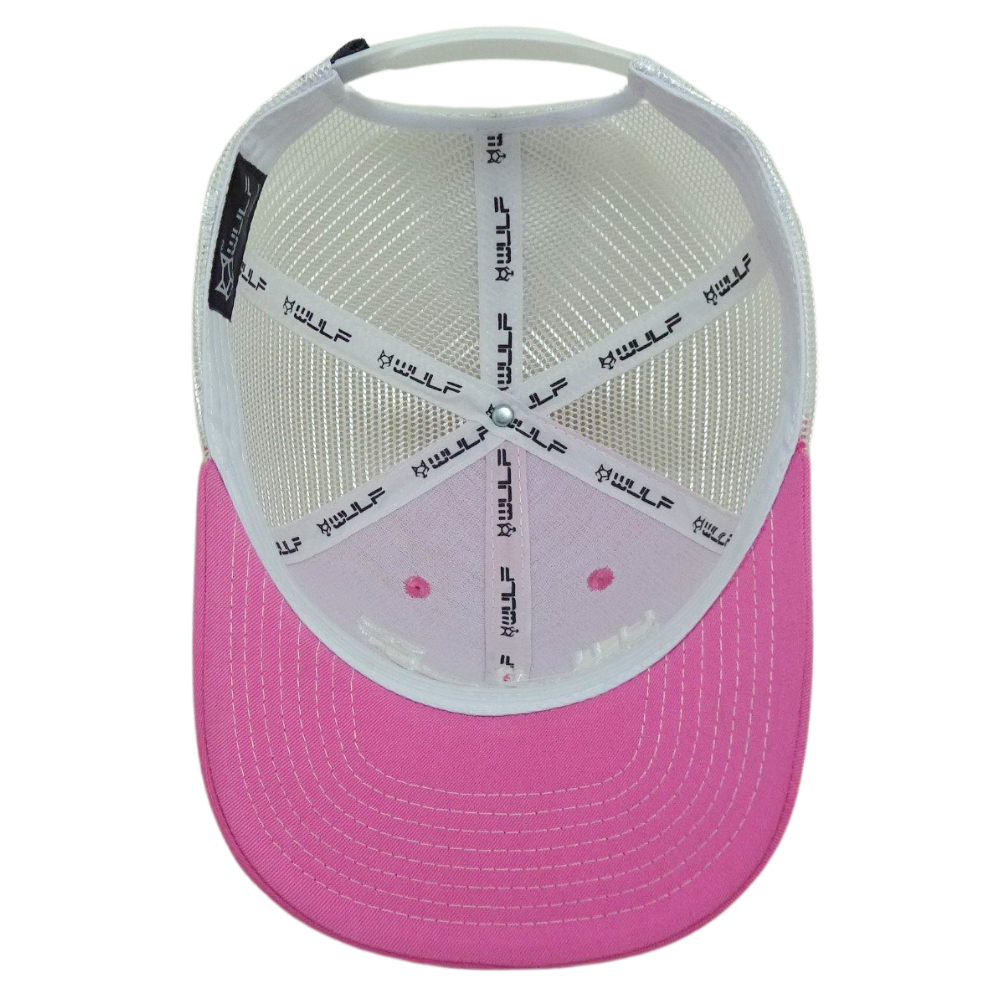 Pink Structured Trucker Hat 6 Panel 3D Embroidered and Rubber Logo White Mesh Slight Curved Custom Caps High Quality 6