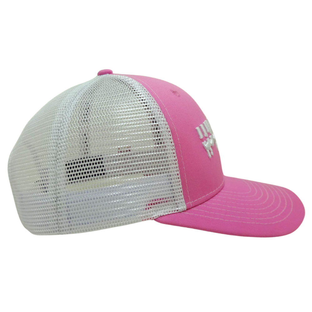 Pink Structured Trucker Hat 6 Panel 3D Embroidered and Rubber Logo White Mesh Slight Curved Custom Caps High Quality 5