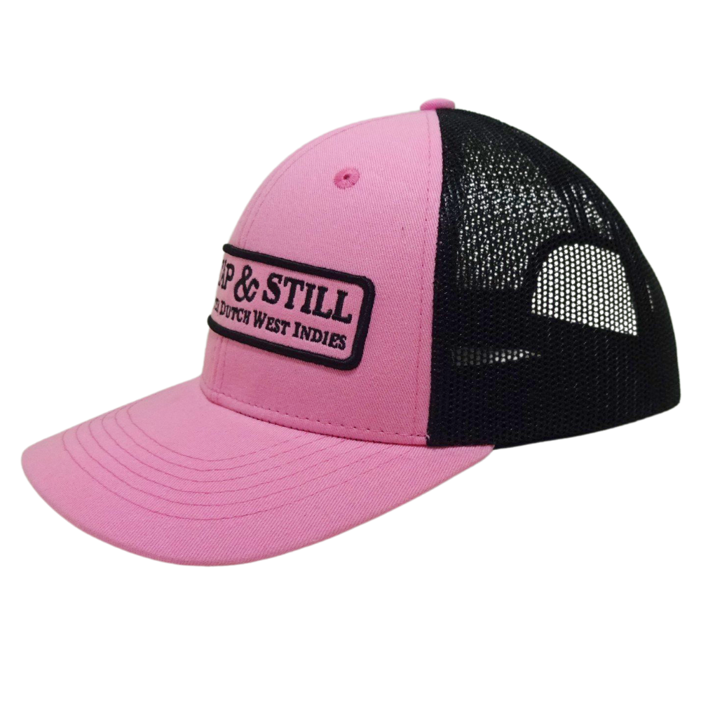 Pink Trucker Contrast Black Mesh Structured 6 Panel Custom Eyelet Single Breasted Buckle Slightly Curved Brim Woven Patch Logo 3