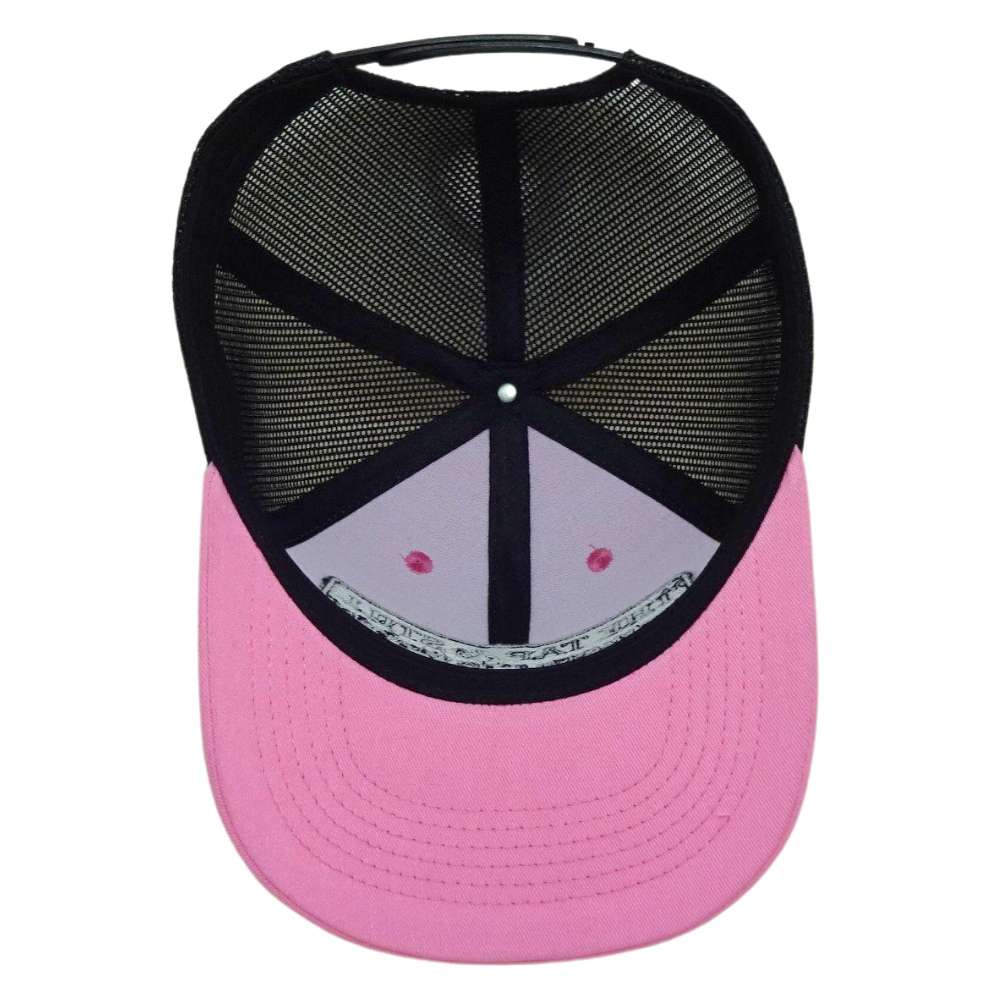 Pink Trucker Contrast Black Mesh Structured 6 Panel Custom Eyelet Single Breasted Buckle Slightly Curved Brim Woven Patch Logo 6