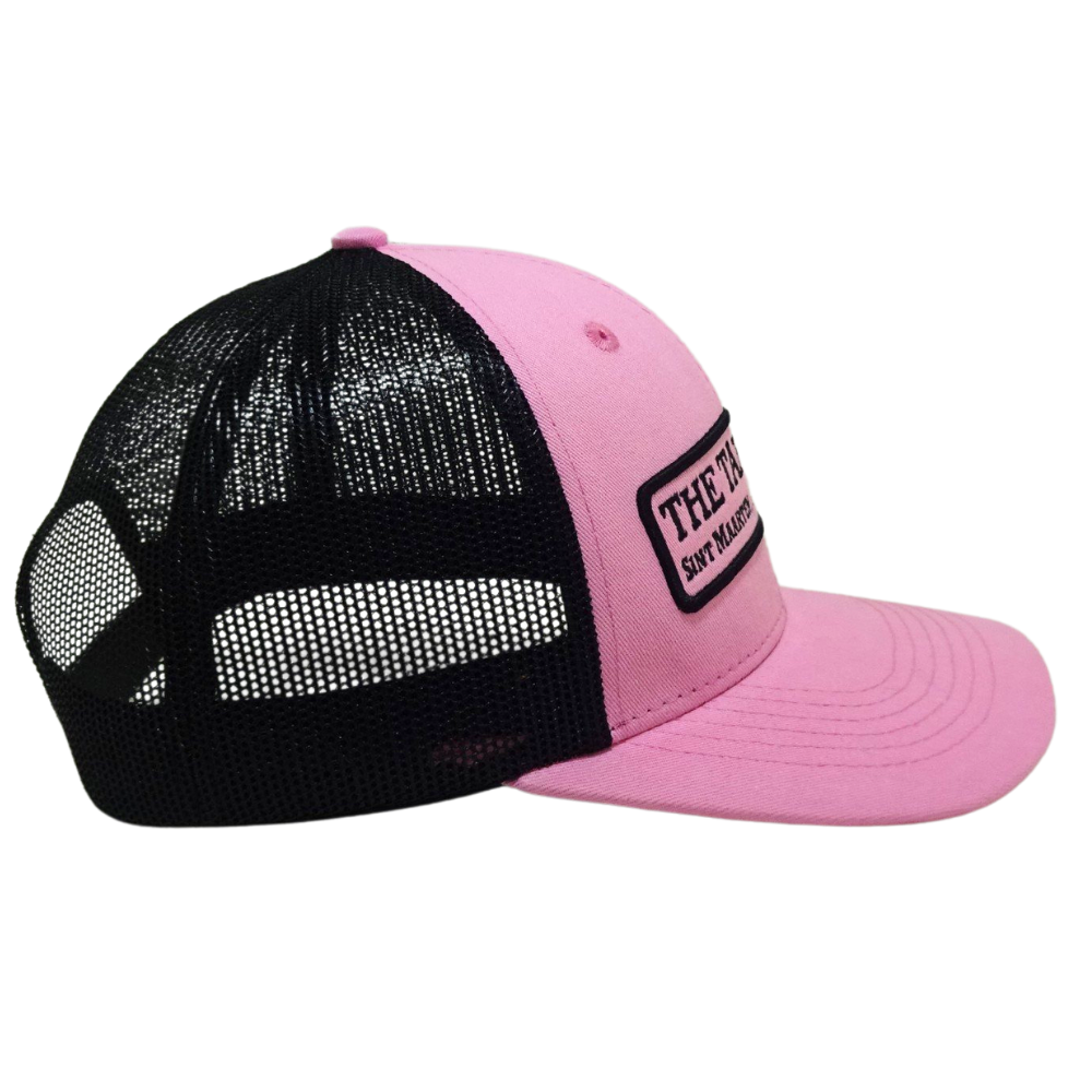 Pink Trucker Contrast Black Mesh Structured 6 Panel Custom Eyelet Single Breasted Buckle Slightly Curved Brim Woven Patch Logo 5