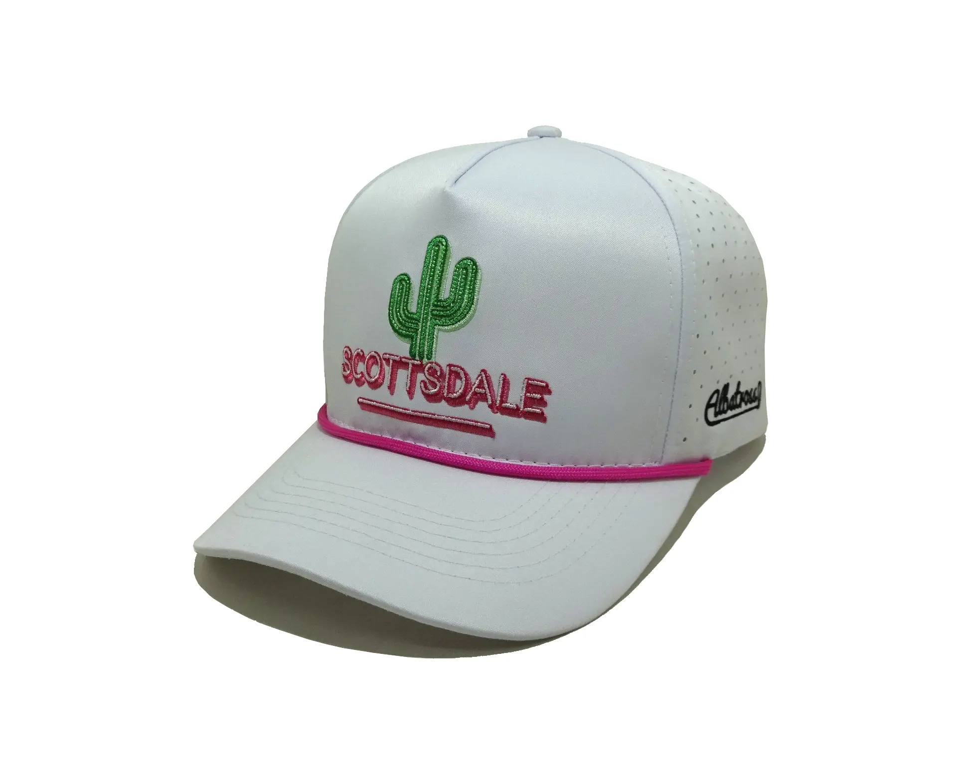 Polyester Material High Quality White Laser Cut Baseball Cap with Pink Rope Custom Logo Promotional Sports Cap 2