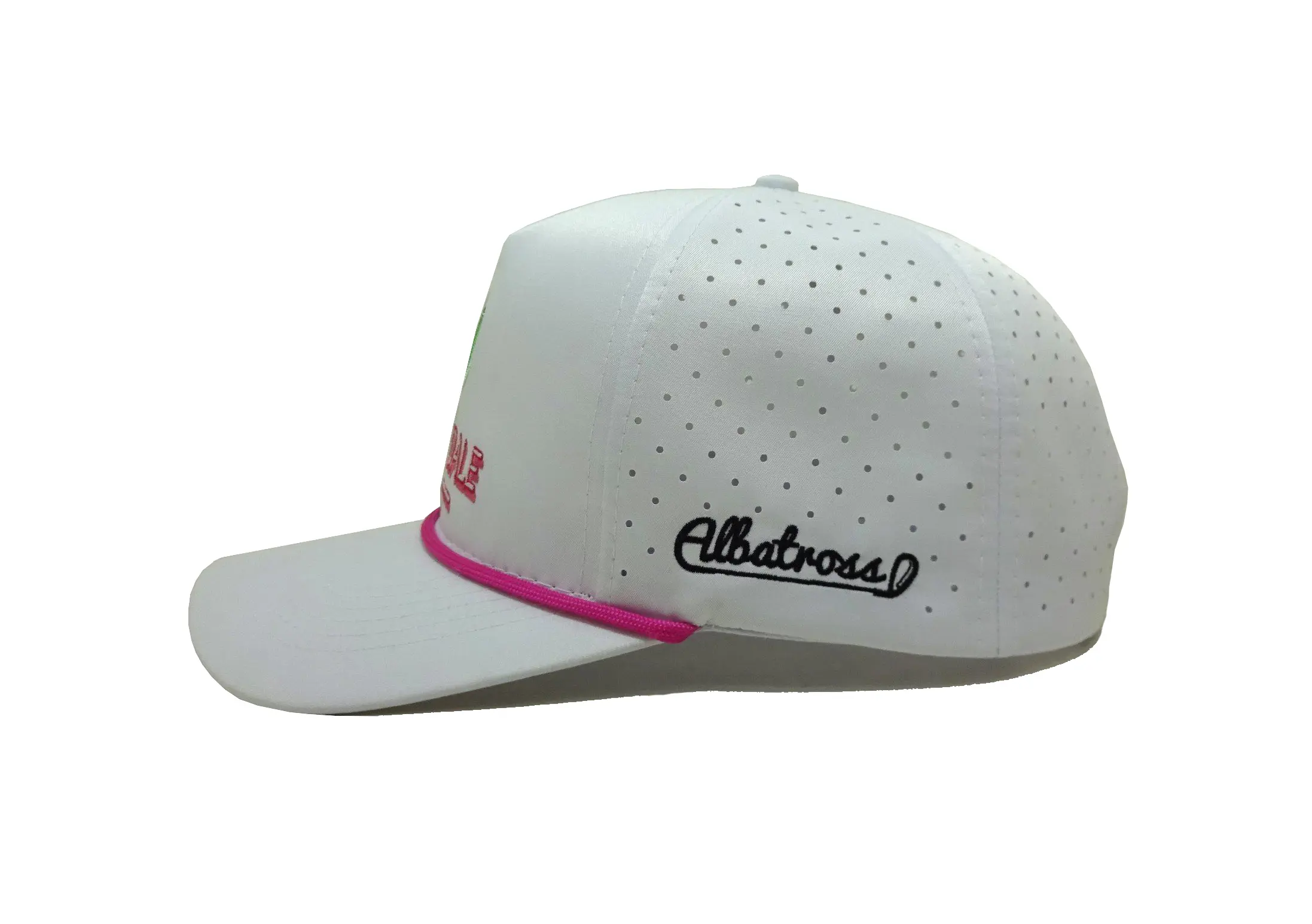 Polyester Material High Quality White Laser Cut Baseball Cap with Pink Rope Custom Logo Promotional Sports Cap 3