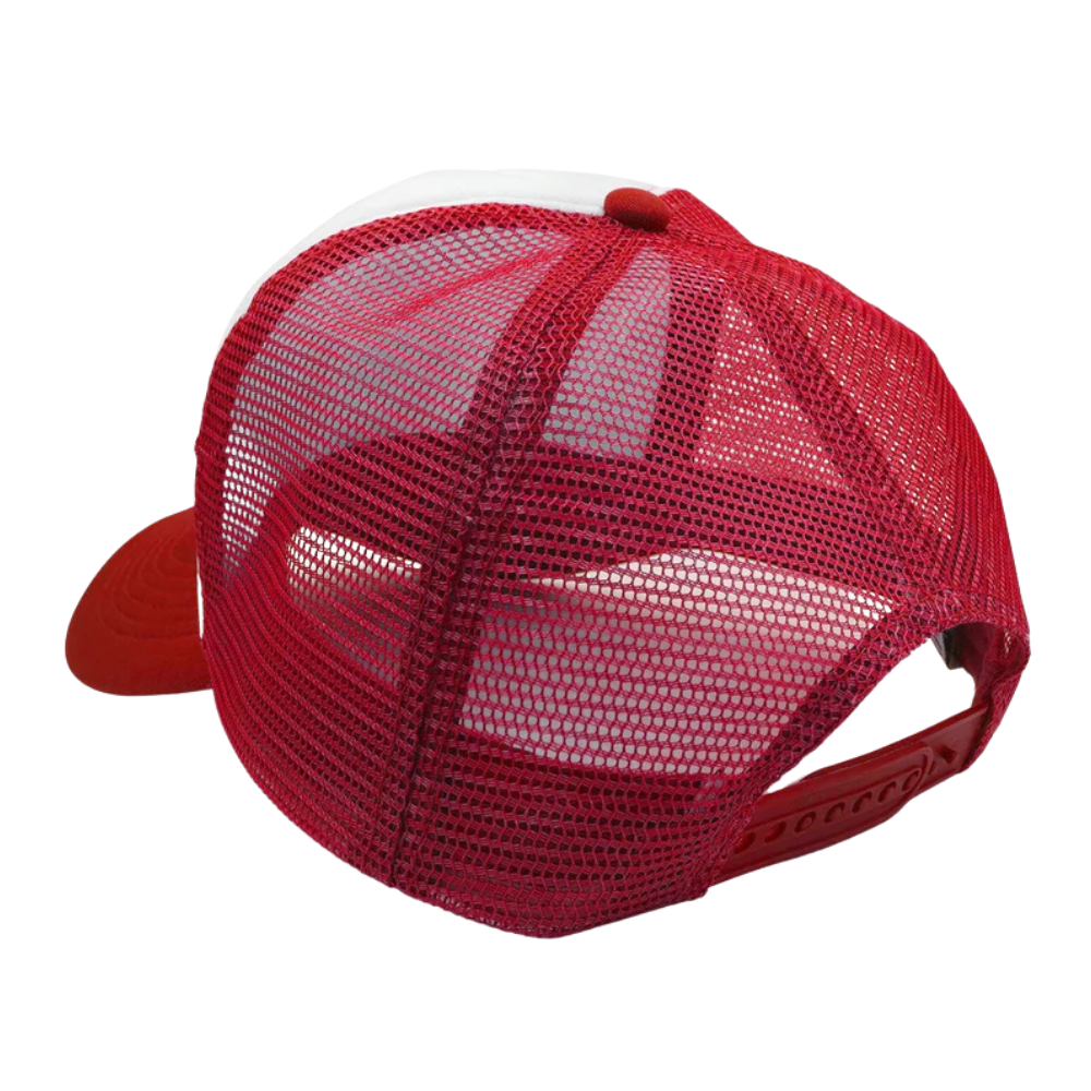 Printed Foam Trucker Hat 5 Panel Gorras Red/White Breathable Mesh Adjustable Snapback Closure Custom Inner Lining Canadian OEM 4
