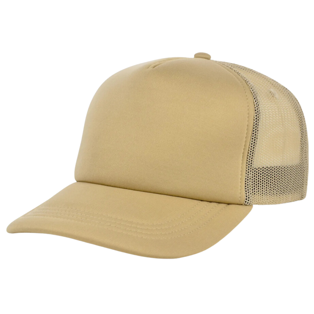 Puff Printed 5 Panel Foam Trucker Hat Beige Breathable Mesh Adjustable Single Row Buckle Snapback for Brand Business Promotions 3