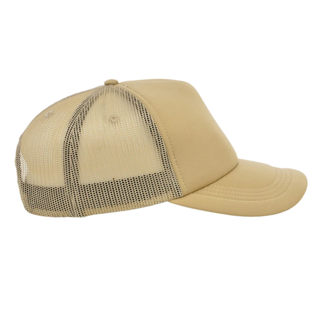 Puff Printed 5 Panel Foam Trucker Hat Beige Breathable Mesh Adjustable Single Row Buckle Snapback for Brand Business Promotions 5