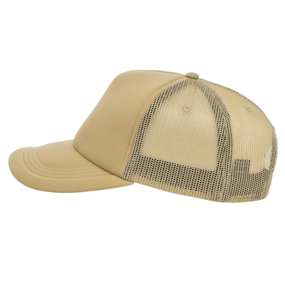 Puff Printed 5 Panel Foam Trucker Hat Beige Breathable Mesh Adjustable Single Row Buckle Snapback for Brand Business Promotions 4
