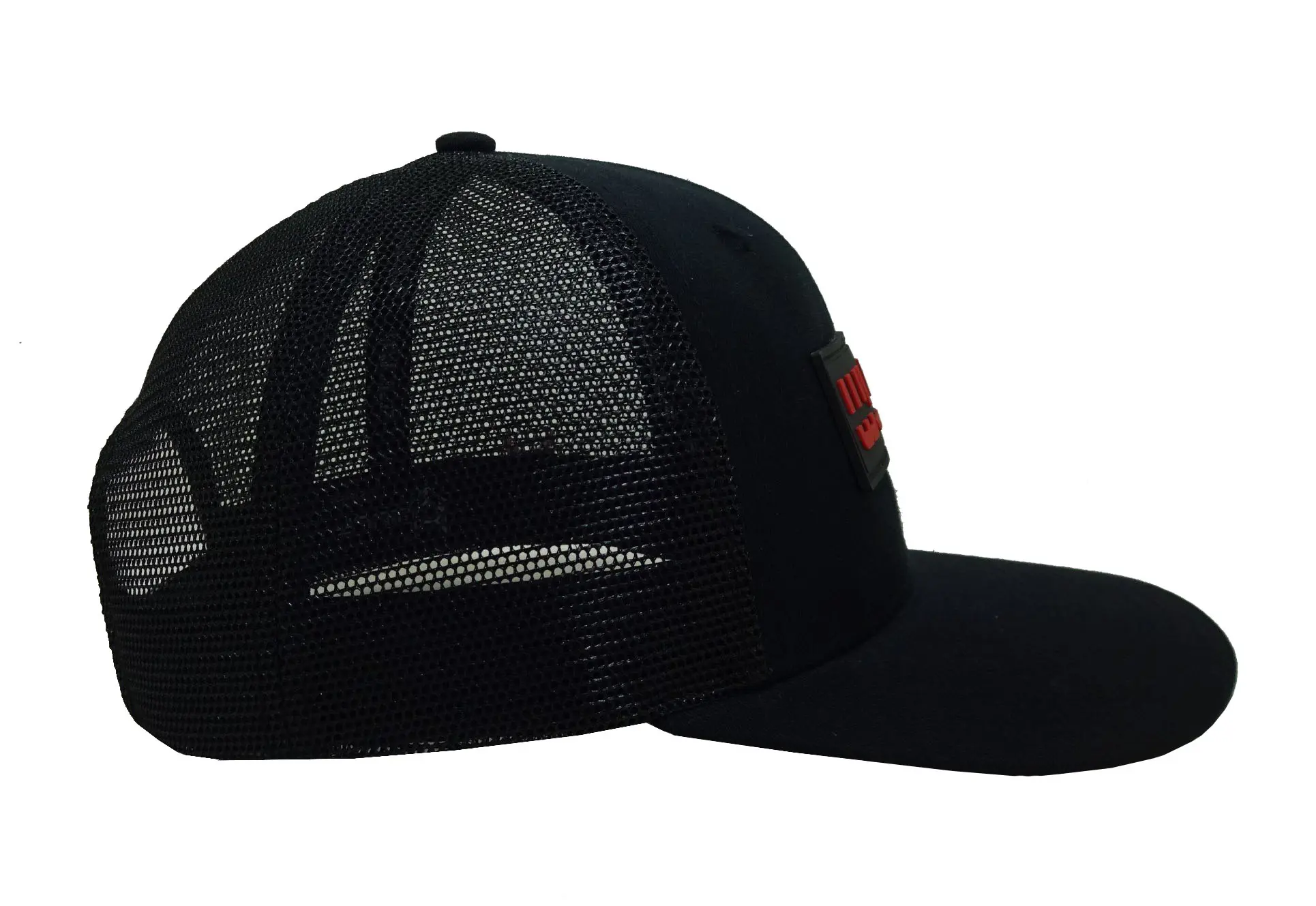 PVC Rubber Logo 6-Panel Curved Brim High Quality Black Color Medium Profile Cotton and Mesh Fabric Trucker Hat for Man 4