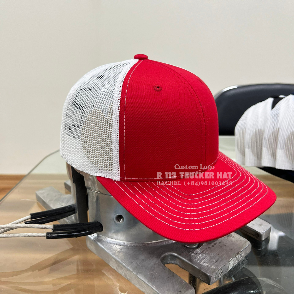 R 112 6 Panel Mesh Back Trucker Hats Structured Woven Patch Contrast Stitching Line Slightly Curved Brim Modern Styles Vietnam 7