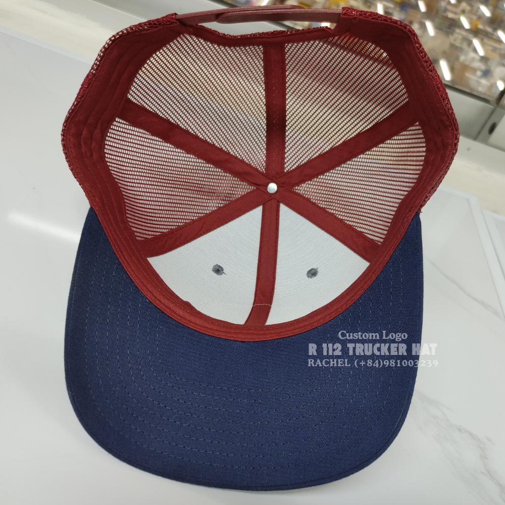 R 112 6 Panel Mesh Back Trucker Hats Structured Woven Patch Contrast Stitching Line Slightly Curved Brim Modern Styles Vietnam 4