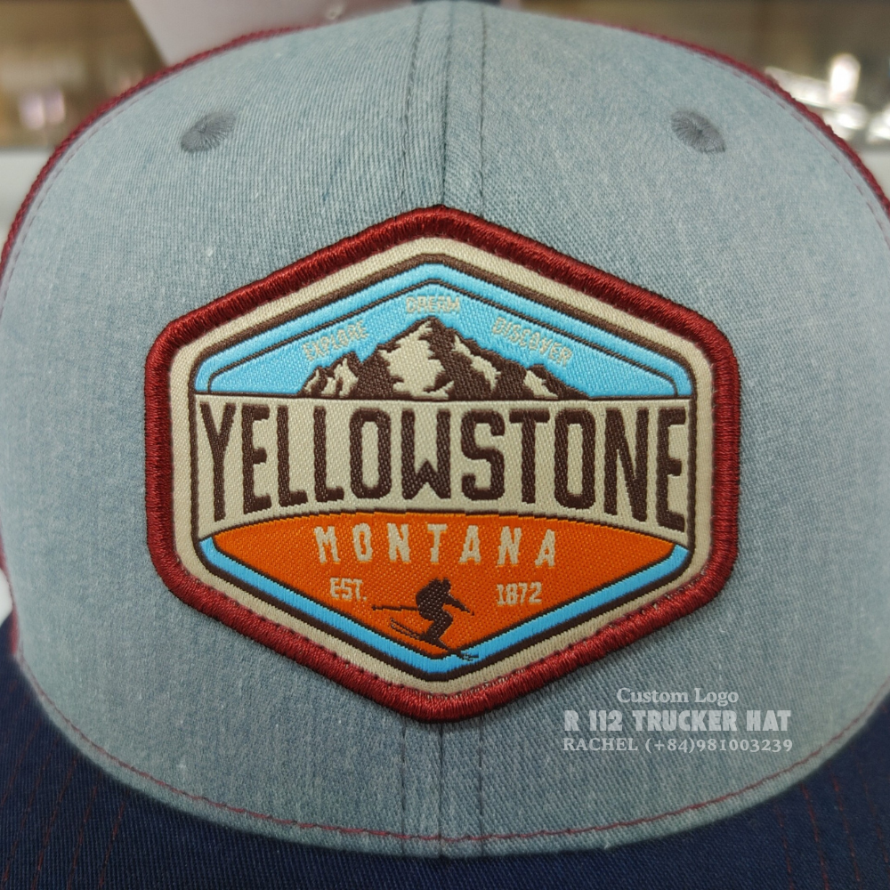 R 112 6 Panel Mesh Back Trucker Hats Structured Woven Patch Contrast Stitching Line Slightly Curved Brim Modern Styles Vietnam 3