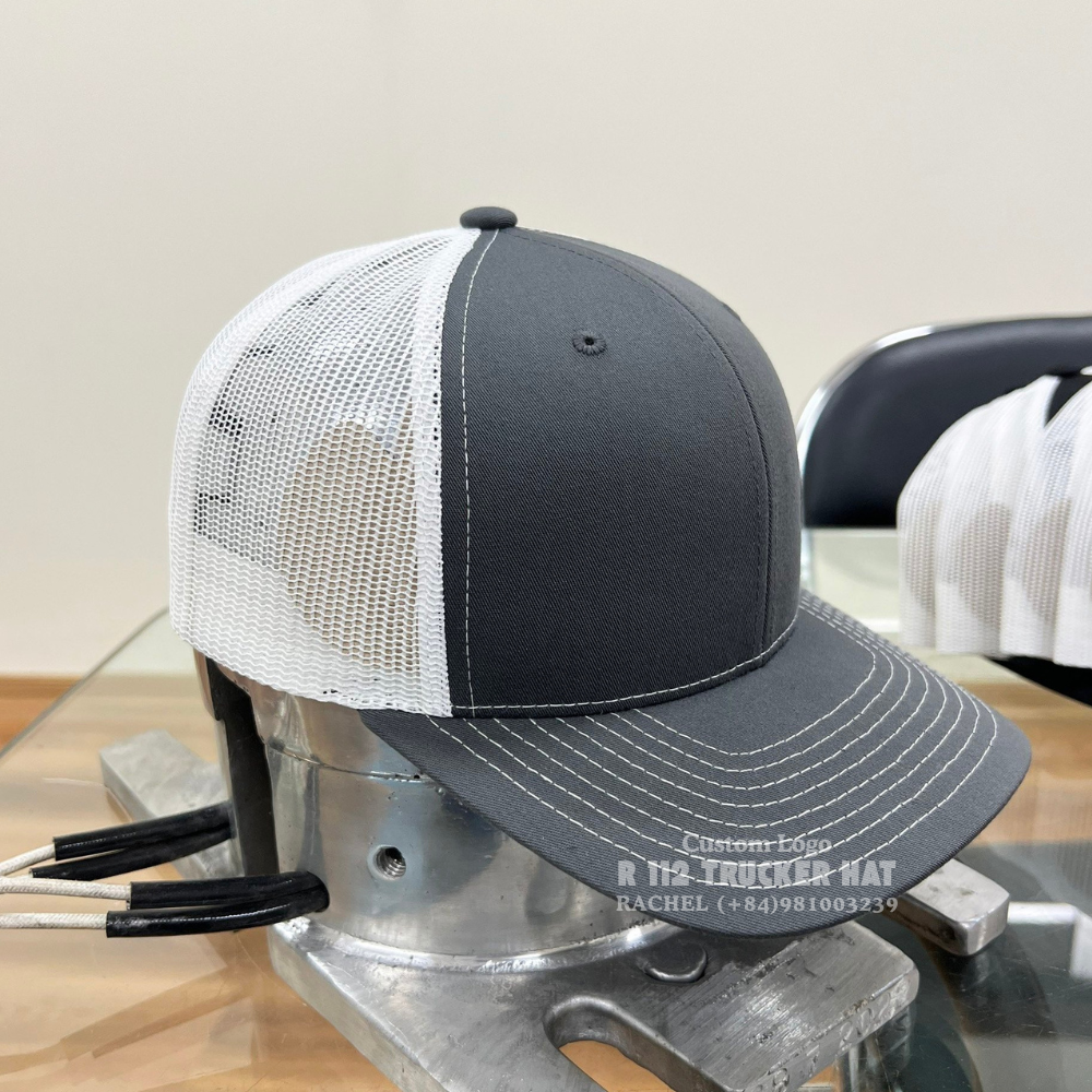 R 112 6 Panel Mesh Back Trucker Hats Structured Woven Patch Contrast Stitching Line Slightly Curved Brim Modern Styles Vietnam 6