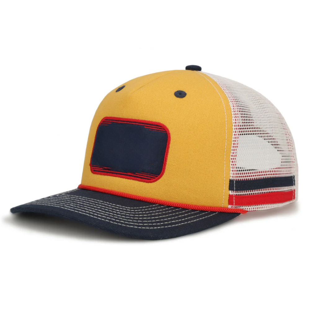 R 112 Side Stripes Trucker Hats Rope Custom Eyelets Color Stitching Lines on Brim Embroidered/Woven Patch Double Row Buckle OEM 2