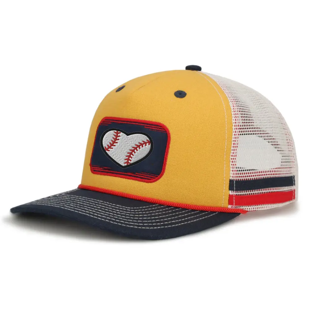 R 112 Side Stripes Trucker Hats Rope Custom Eyelets Color Stitching Lines on Brim Embroidered/Woven Patch Double Row Buckle OEM 1