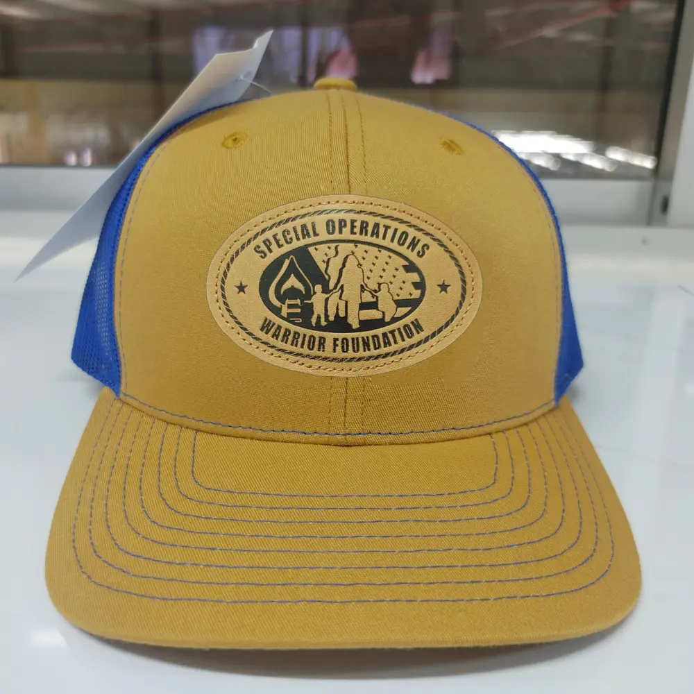 R 112 Trucker Hats 6 Panel Leather Logo Patches on Front Side Contrast Mesh and Stitching Lines on Brim Snapback Closure Unisex 2
