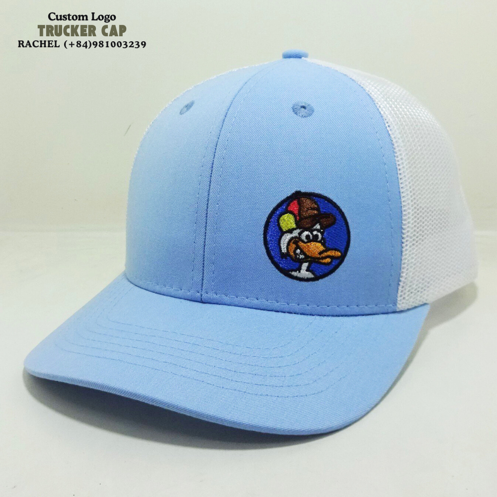 R 112/Y 6606 Trucker Hats 6 Panel Gorras Structured Caps Embroidered Logo Light Blue/White Breathable Mesh Adjustable Snapback 4
