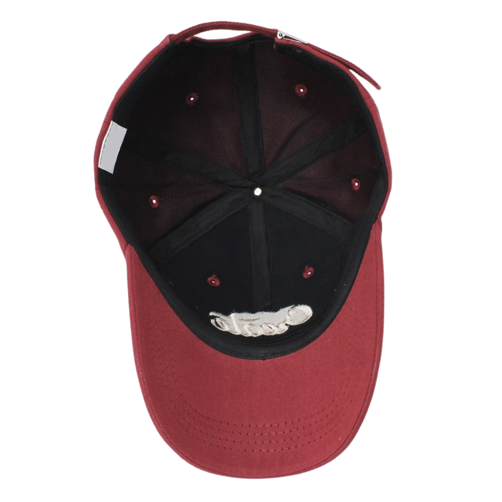 Red 6 Panel Baseball Cap Structured Custom 3D Embroidered Logo On Front Side For Your Brand Tag On Sweatband Strap Back Closure 6