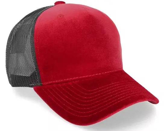 Red Color Velvet Trucker Hat Custom Logo 5-Panel Curved Brim High Quality Medium Profile Wholesale Products Trucker Hat 2