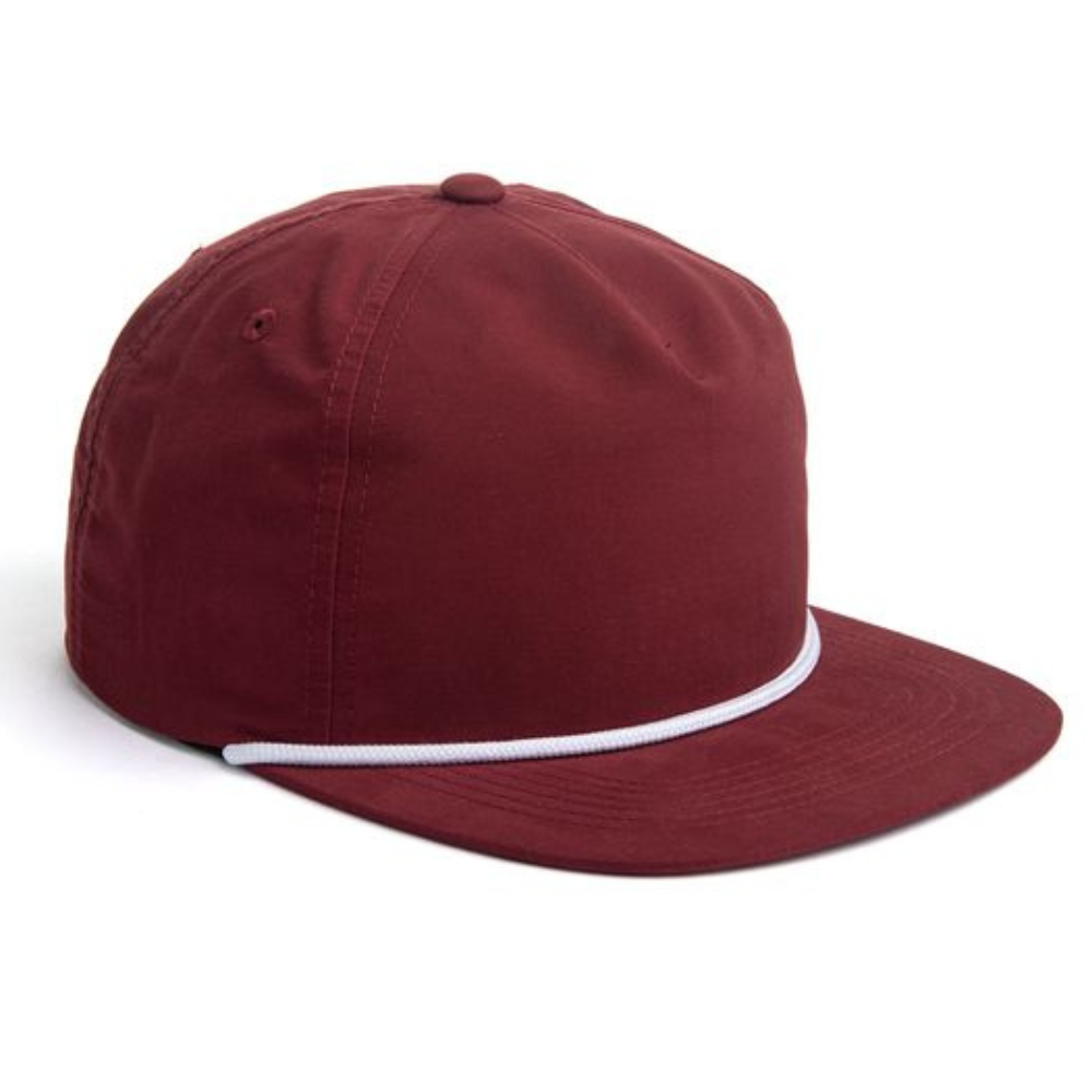 Red Embroidered Snapback With Rope 5 Panel Unstructured Flat Brim Contrast Color Plastic Single Row Buckle Snapback Closure OEM 5