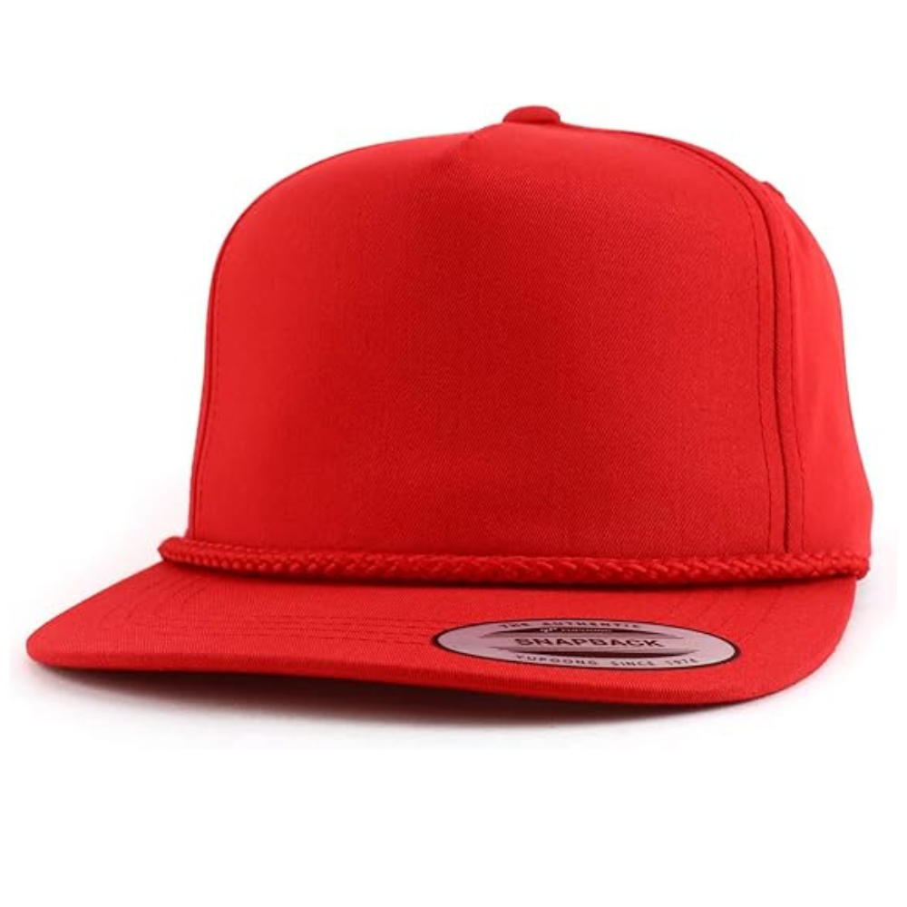 Red Snapback 5 Panel Leather Logo Patch Solid Color With Rope on Brim Flat Brim Plastic Single Row Buckle Closure Wholesale OEM 3