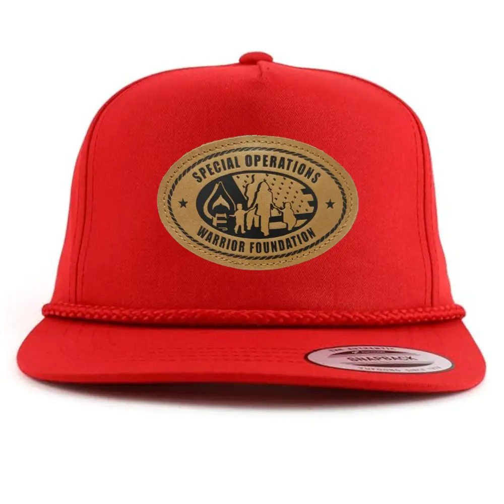 Red Snapback 5 Panel Leather Logo Patch Solid Color With Rope on Brim Flat Brim Plastic Single Row Buckle Closure Wholesale OEM 1