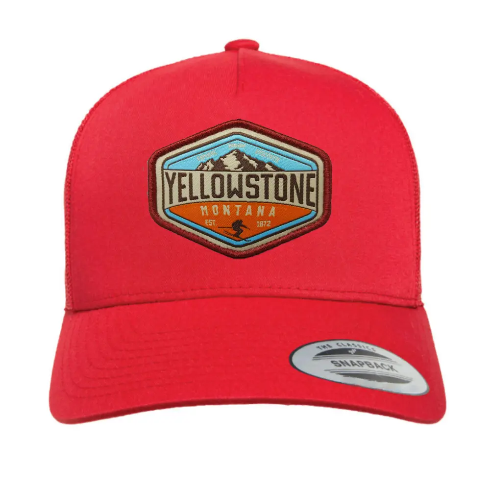Red Y 6506 5 Panel Trucker Hats Structured Mid Profile Retro Custom Embroidery/Woven Logo Patch Single Row Snapback Closure OEM 1