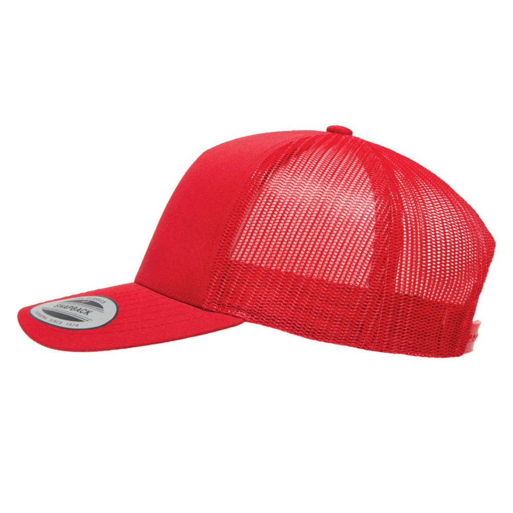 Red Y 6506 5 Panel Trucker Hats Structured Mid Profile Retro Custom Embroidery/Woven Logo Patch Single Row Snapback Closure OEM 3