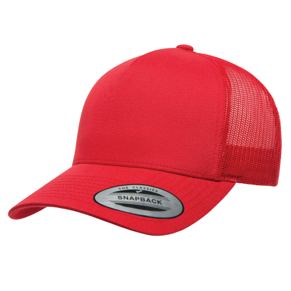 Red Y 6506 5 Panel Trucker Hats Structured Mid Profile Retro Custom Embroidery/Woven Logo Patch Single Row Snapback Closure OEM 2