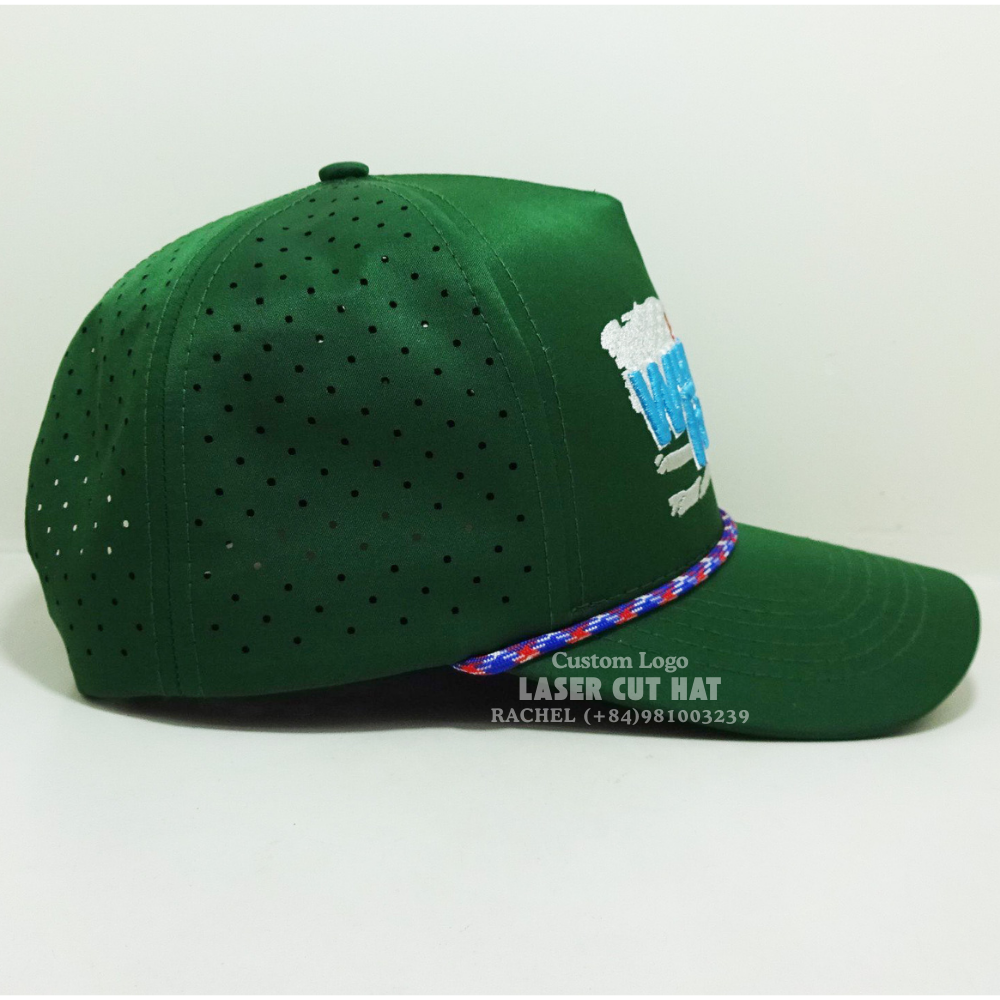 Rope Hats 5 Panel Laser Cut Perforated Hole Embroidered Logo Structured Waterproof Caps Adjustable Snapback Closure Vietnam OEM 5